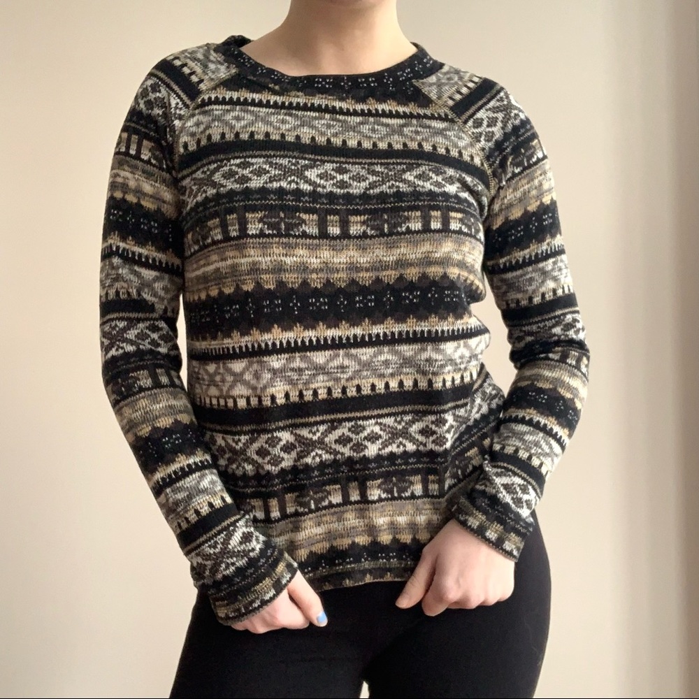 Forever 21 Black & Tan Fair Isle Knit Crewneck Sweater